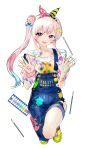  1girl :d airani_iofifteen airani_iofifteen_(1st_costume) art_brush baggy_clothes bilingual_commentary blue_hair blue_overalls bow_hairband commentary english_commentary full_body gradient_hair green_hairband green_shoes hair_bun hair_ornament hairband hands_up highres hololive hololive_indonesia long_hair looking_at_viewer mixed-language_commentary multicolored_hair open_hands open_mouth overalls paint_on_clothes paint_palette paint_splatter paint_splatter_on_face paint_tube paintbrush pants pants_rolled_up pink_hair pink_hairband pouch purple_eyes scrunchie shoes side_ponytail side_up_bun sidelocks simple_background single_off_shoulder single_side_bun smile sneakers solo sowon straight-on strap_slip sweater thigh_pouch transparent_background two-tone_hairband virtual_youtuber white_sweater wrist_scrunchie 