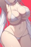  1girl armpits arms_up bare_arms bare_legs bikini breasts close-up closed_mouth commentary_request head_out_of_frame highres large_breasts long_hair navel original red_background samegami sidelocks simple_background skindentation smile solo stomach swimsuit thighs twintails very_long_hair white_bikini white_hair 