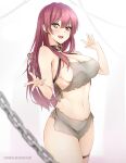  1girl absurdres bikini blush breasts brown_collar chain collar fang floating floating_object glint grey_bikini gs_(onsen_syndicate) hair_down hand_up heart heterochromia highres hololive houshou_marine key large_breasts long_hair looking_at_viewer navel open_hands open_mouth pelvic_curtain red_eyes red_hair smile solo stomach straight_hair swimsuit virtual_youtuber yellow_eyes 