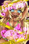  1girl arms_behind_head bangs bikini blonde_hair blue_eyes blush borrowed_character caution_tape dark-skinned_female dark_skin ganguro gyaru happy_birthday heart highres keep_out long_hair multicolored_hair navel open_mouth original pink_bikini pink_hair pushi. smile solo streaked_hair swimsuit very_long_hair 