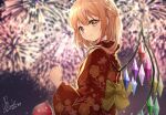  1girl :&gt; absurdres aerial_fireworks alternate_hairstyle back_bow blurry blurry_background blurry_foreground bokeh bow braid breasts brown_eyes dated depth_of_field festival fireworks flandre_scarlet floral_print french_braid from_behind hair_over_shoulder haruki_(colorful_macaron) highres holding japanese_clothes kimono light_blush looking_back medium_hair night night_sky no_headwear obi red_kimono sash signature sky small_breasts smile solo touhou wings 