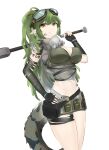  1girl :d absurdres arknights bangs belt belt_pouch black_gloves bracelet breasts cleavage cowboy_shot crocodilian_tail crop_top elbow_gloves facepaint fingerless_gloves gas_mask gavial_(arknights) gavial_the_invincible_(arknights) gloves goggles goggles_on_head green_hair hand_on_hip highres holding holding_weapon jewelry large_breasts long_hair looking_at_viewer mask midriff navel orange_eyes over_shoulder parted_lips ponytail pouch sarea_(sarea2020) scales simple_background smile solo tail thigh_strap very_long_hair weapon weapon_over_shoulder white_background 