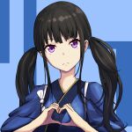  1boy black_hair blue_kimono closed_mouth hands_up highres inoue_takina japanese_clothes karan_koron100 kimono long_hair looking_at_viewer lycoris_recoil purple_eyes sleeves_rolled_up solo twintails upper_body 