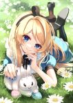  1girl absurdres alice_(alice_in_wonderland) animal bangs blonde_hair blue_eyes blush daisy dress easter easter_egg egg flower grass hair_ribbon hand_on_own_cheek hand_on_own_face head_tilt highres long_hair lying nail_polish nanahi_tsubaki neck_ribbon on_grass on_ground on_stomach original outdoors pantyhose pinafore_dress puffy_short_sleeves puffy_sleeves rabbit ribbon short_sleeves smile solo 