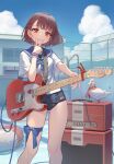  1girl :p amplifier bangs bird blush brown_eyes brown_hair day duck electric_guitar empty_pool feet_out_of_frame fender fender_telecaster guitar highres holding instrument kurobuta_gekkan leg_ribbon lifebuoy looking_at_viewer mole mole_on_thigh original outdoors pool pool_ladder ribbon sailor_collar school_swimsuit school_uniform serafuku short_hair short_sleeves smile solo swimsuit swimsuit_under_clothes thigh_ribbon tongue tongue_out 