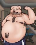  anthro belly bodily_fluids bottomwear clothing domestic_pig gym gym_bottomwear gym_clothing gym_shorts male mammal overweight overweight_male pumex shorts slob smelly solo suid suina sus_(pig) sweat 