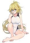  1girl absurdres bangs barefoot black-framed_eyewear blonde_hair blue_eyes braid breasts competition_swimsuit covered_navel fate/grand_order fate_(series) full_body glasses hair_between_eyes highres jeanne_d&#039;arc_(fate) jeanne_d&#039;arc_(swimsuit_archer)_(fate) jeanne_d&#039;arc_(swimsuit_archer)_(second_ascension)_(fate) kobaji long_hair looking_at_viewer one-piece_swimsuit smile solo swimsuit 