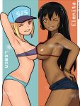  2girls arm_up armpits bangs bikini black_hair blonde_hair bracelet breast_press breasts cleavage cutoffs dark-skinned_female dark_skin denim denim_shorts docking earrings eyelashes eyeliner food fruit hand_on_hip hat highres jewelry lemon lips long_hair looking_at_viewer makeup mole multicolored_background multiple_girls one_eye_closed original patreon_username saberrung shiny shiny_skin short_hair short_shorts shorts sideboob simple_background smile sport_girl_(saberrung) steam steaming_body string_bikini sweat swimsuit underboob yellow_eyes 