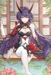  1girl :d absurdres ahoge architecture armor bangs bare_shoulders black_gloves breasts cleavage east_asian_architecture flower full_body gauntlets gloves highres honkai_(series) honkai_impact_3rd horns japanese_armor lily_(flower) long_hair looking_at_viewer no_shoes open_mouth purple_eyes purple_hair raiden_mei raiden_mei_(herrscher_of_thunder) ryouya_(ryoya) sitting smile solo thighhighs wading water white_thighhighs wooden_floor 
