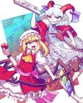  &gt;:) apple ascot blonde_hair blue_hair bow bracelet collared_shirt crystal curly_hair detached_sleeves dress earrings eye_print fang flandre_scarlet food frilled_shirt_collar frilled_skirt frilled_sleeves frills fruit goat_horns highres holding holding_weapon horn_bow horn_ornament horns jewelry laevatein_(touhou) looking_at_another meandros nova_(artist) open_mouth pointy_ears rectangular_pupils red_apple red_eyes sharp_teeth shirt short_sleeves skirt spoon teeth touhou touhou_gouyoku_ibun toutetsu_yuuma v-shaped_eyebrows vest weapon wings 