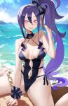  1girl absurdres beach breasts earrings fate/grand_order fate_(series) highres jewelry large_breasts long_hair navel ocean one-piece_swimsuit pink_eyes purple_hair san_(harutuki_3) side_ponytail sitting smile swimsuit thighlet wariza wu_zetian_(fate) wu_zetian_(swimsuit_caster)_(fate) 