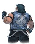  1boy another_eidos-r back bara beard black_gloves black_pants blue_shirt dward_(another_eidos) facial_hair fingerless_gloves gamubear gloves highres hood hood_up male_focus muscular muscular_male pants shirt short_hair simple_background solo spikes white_background white_hair 