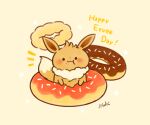  blush_stickers chara_chara_makiato character_name chewing doughnut eating eevee food food_on_face french_cruller no_humans notice_lines oversized_food pokemon pokemon_(creature) solo sprinkles 