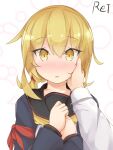  blonde_hair collarbone etsuransha_no_rei hand_on_another&#039;s_cheek hand_on_another&#039;s_face hands_on_own_chest highres kantai_collection long_hair looking_at_viewer sailor_collar satsuki_(kancolle) school_uniform serafuku signature twintails yellow_eyes 