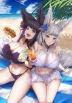  2girls animal_ears blue_eyes erune fox_ears fox_tail gollizo granblue_fantasy hair_ornament highres hotdogs multiple_girls red_eyes sitting smoothie societte_(granblue_fantasy) swimsuit tail white_hair yuel_(granblue_fantasy) 