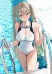  1girl akita_hika aqua_eyes breasts goggles goggles_around_neck grey_hair highleg highleg_swimsuit highres looking_at_viewer medium_breasts navel original pool pool_ladder poolside skin_tight skindentation solo swimsuit thighs twintails wet whistle 