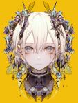  1girl absurdres bad_link bangs black_choker choker cropped_shoulders expressionless grey_eyes hair_between_eyes hair_ornament highres hito_komoru looking_at_viewer original parted_lips portrait simple_background solo white_hair yellow_background 