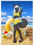  anthro beach black_body black_fur blue_eyes canid canine clothing female fox fur gfox404 hair mammal seaside solo swimwear white_hair 