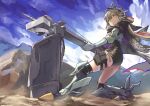  1girl arknights armor ass bangs bird_girl blue_sky blunt_bangs brown_cape cape closed_mouth cloud cloudy_sky concentrating crossbow fartooth_(arknights) feather_hair from_below furrowed_brow ganemu_(0912015) gauntlets greaves green_shirt grey_hair gundam gundam_08th_ms_team high-waist_shorts highres holding holding_crossbow holding_weapon hood hood_down hooded_cape long_sleeves looking_ahead mountain outdoors puffy_long_sleeves puffy_sleeves scene_reference shield shining_shoot_(pose) shirt sky solo standing thigh_pouch thigh_strap thighs visor_(armor) weapon yellow_eyes 