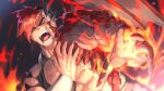  1boy another_eidos-r bara black_hair blood blood_from_eyes dragon_boy dragon_wings fire gaia_(another_eidos) horns large_pectorals lemon_torikawa male_focus multicolored_hair muscular muscular_male official_art one_eye_closed open_mouth pectorals red_hair short_hair single_horn solo upper_body vambraces white_hair wings 