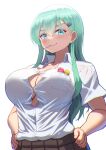  1girl aqua_eyes aqua_hair bangs black_skirt blush breasts bursting_breasts candy cleavage collarbone collared_shirt commentary_request food food_in_mouth hair_between_eyes hands_on_hips kantai_collection large_breasts lollipop looking_at_viewer maku_ro no_bra pleated_skirt school_uniform shirt short_sleeves sidelocks simple_background skirt smile solo standing suzuya_(kancolle) taut_clothes taut_shirt white_background white_shirt 