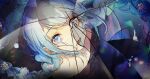  1girl bangs blue_eyes blue_hair braid broken_glass cracked_glass floating_hair foreshortening from_above glass hassan_(sink916) hatsune_miku highres light_blue_hair lower_teeth official_art open_mouth sidelocks solo teeth twin_braids twintails undead_alice_(vocaloid) vocaloid 
