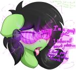  4chan absurd_res anon black_hair bodily_fluids brainwashing earbuds earth_pony english_text equid equine female filly_anon fur green_body green_fur hair headphones hi_res horse hypnosis hypnotic_visor mammal mind_control my_little_pony pony portrait saliva text tongue tongue_out 