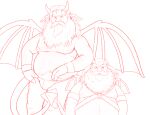  beard belly bulge clothing demon duo facial_hair harness hi_res horizontal_pupils horn humanoid imp long_beard long_mustache male mature_male mustache nipples overweight pupils smokey_(artist) underwear wings 