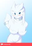  anthro blush breasts commandg female fur hair legendary_pok&eacute;mon looking_at_viewer nintendo pok&eacute;mon pok&eacute;mon_(species) pok&eacute;morph reshiram simple_background smile solo video_games 