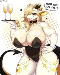  absurd_res anthro areola beverage big_breasts blonde_hair breasts clothed clothing dragon female hair hi_res huge_breasts solo sophiathedragon thick_thighs tongue tongue_out wide_hips 