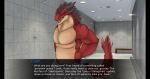  2022 anthro bathroom bench biceps black_horn black_stripes brown_hair clothed clothing coalt comic dragon english_text fluffy fluffy_tail fur furred_dragon gameplay_mechanics green_eyes hair handle hi_res horn looking_at_viewer male multi_horn muscular muscular_anthro muscular_male open_mouth options pecs red_body red_fur rimentus shower_head solo steam stripes tan_body tan_fur text text_box the_mystery_of_caketropolis topless topless_male towel_around_waist wingless_dragon 