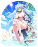  1girl :d absurdres ahoge alternate_costume apple_caramel bare_legs bikini blue_hair blue_sky blush breasts bridal_gauntlets cleavage cloud dress elbow_gloves feet flower front-tie_top full_body ganyu_(genshin_impact) genshin_impact gloves goat_horns hair_between_eyes hair_flower hair_ornament highres horns large_breasts lens_flare long_hair looking_at_viewer no_shoes open_mouth purple_eyes see-through see-through_legwear single_thighhigh sky smile solo sun sunlight swimsuit thighhighs toes veil water wedding_dress white_bikini white_dress white_flower white_gloves white_headdress white_thighhighs 