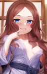  1girl bangs blue_eyes blush breasts brown_hair cleavage fate/grand_order fate_(series) forehead grin heart highres japanese_clothes kimono leonardo_da_vinci_(fate) leonardo_da_vinci_(rider)_(fate) long_hair long_sleeves looking_at_viewer m-da_s-tarou parted_bangs small_breasts smile solo upper_body v yukata 