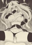  1boy black_rock_shooter chariot_(black_rock_shooter) cowgirl_position elbow_gloves girl_on_top gloves greyscale hair_ribbon hetero highres m-da_s-tarou monochrome navel nipples penis pussy ribbon sex skirt spread_legs straddling thighhighs tiara two_side_up vaginal 