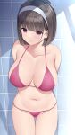  1girl arm_behind_back bangs bikini black_hair blush breasts cleavage closed_mouth collarbone hairband highres large_breasts looking_at_viewer mizunashi_kenichi navel original pink_bikini purple_eyes shiny shiny_skin short_hair smile solo standing stomach swimsuit thigh_gap tile_wall tiles 