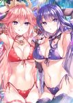  2girls :q armpits arms_up bangs bikini blush breasts choker cleavage closed_mouth commentary_request fukase_ayaka genshin_impact hair_ornament large_breasts long_hair looking_at_viewer multiple_girls nail_polish navel outdoors parted_lips pink_hair purple_bikini purple_eyes purple_hair purple_nails purple_thighhighs raiden_shogun red_bikini smile swimsuit thighhighs thighs tongue tongue_out underboob yae_miko 