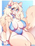  absurd_res anthro areola areola_slip artist_name big_breasts blonde_hair blue_clothing blue_eyes blue_swimwear bracelet breasts canid canine canis cleavage clothed clothing domestic_dog erect_nipples eyewear female glasses hair hi_res jewelry lips long_hair mammal messy_hair navel nipples round_glasses solo swimwear thick_thighs ziffir 
