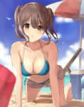  1girl :o akira_tooru all_fours bangs barefoot beach beach_chair beach_towel beach_umbrella bikini blue_bikini breasts brown_hair cleavage collarbone cooler day denim denim_shorts eyebrows_hidden_by_hair feet hair_between_eyes hair_ornament highres large_breasts looking_at_viewer navel ocean open_mouth original outdoors revision short_hair short_shorts shorts sidelocks sky solo stomach swimsuit teeth thighs toes towel twintails umbrella unbuttoned unbuttoned_shorts upper_teeth 