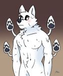  anthro black_sclera blush changed_(video_game) chest_tuft fur hi_res looking_at_viewer male muscular muscular_anthro muscular_male pawpads paws ryeon simple_background solo solo_focus squid_dog_(changed) tentacles tuft white_body white_fur 