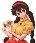  1girl amania_orz black_hair braid breasts character_request copyright_request food fried_egg headband highres holding holding_food large_breasts long_hair red_headband simple_background smile toast twin_braids white_background 