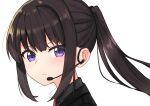  1girl absurdres ao_(flowerclasse) bangs black_hair black_jacket black_shirt blush collared_shirt commentary_request from_side headset highres inoue_takina jacket looking_at_viewer looking_to_the_side lycoris_recoil ponytail portrait purple_eyes shirt simple_background solo white_background 