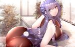  1girl absurdres ass azur_lane bent_over bodystocking breasts fake_tail highres large_breasts leotard long_hair looking_back new_jersey_(azur_lane) new_jersey_(exhilarating_steps!)_(azur_lane) official_alternate_costume oversized_breast_cup purple_eyes purple_hair purple_leotard rabbit_tail samip solo tail very_long_hair 