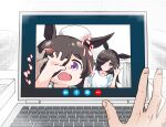  2girls afterimage alternate_costume animal_ears bangs brown_hair casual child collarbone commentary computer copan hair_over_one_eye horse_ears horse_girl if_they_mated jewelry laptop long_hair mother_and_daughter multiple_girls necklace pov pov_hands purple_eyes rice_shower_(umamusume) skype swept_bangs translated umamusume waving 