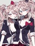  2girls 3j_dangan bangs bear_hair_ornament black_bra black_choker black_shirt bow bra breasts bunny_hair_ornament choker cleavage cosplay danganronpa:_trigger_happy_havoc danganronpa_(series) enoshima_junko enoshima_junko_(cosplay) freckles frown grey_background grey_eyes hair_bow hair_ornament highres ikusaba_mukuro large_breasts long_hair long_sleeves looking_at_viewer multiple_girls plaid plaid_skirt polka_dot_necktie red_bow red_skirt shirt siblings simple_background sisters skirt tongue tongue_out twintails underwear 