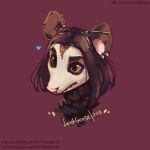  &lt;3 1:1 2018 anthro barbell_piercing black_body black_eyebrows black_fur brown_ears brown_eyes brown_hair bust_portrait dated didelphid ear_piercing eyebrows female fur glistening glistening_eyes hair headshot_portrait hi_res industrial_piercing lostgoose male_(lore) mammal marsupial piercing pink_nose portrait red_background signature simple_background solo text url white_body white_fur 