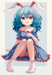  1girl animal_ears ar_(maeus) blue_dress blue_hair collarbone dress fang grey_background highres knees_together_feet_apart no_shoes open_mouth panties rabbit_ears red_eyes seiran_(touhou) short_sleeves socks solo touhou underwear upskirt 