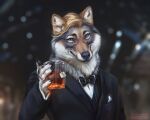  2022 anthro beverage black_bow_tie black_eyebrows black_nose black_pawpads black_suit blue_eyes blurred_background bow_tie brown_body brown_ears brown_fur bust_portrait cheek_tuft dated eyebrows facial_tuft front_view fur glistening glistening_eyes glistening_pawpads grey_body grey_fur holding_beverage holding_object inner_ear_fluff looking_at_viewer lostgoose male mouth_closed neck_tuft pawpads portrait smile solo tea tuft whiskers white_body white_fur white_inner_ear_fluff 