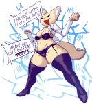  aggressive_retsuko anthro bra canid canine clothed clothing female fenneko fox garter_straps hi_res kryadrawgin laugh legwear mammal open_clothing open_mouth open_shirt open_smile open_topwear panties sanrio shirt simple_background smile solo spread_legs spreading stockings thigh_highs topwear underwear white_background 