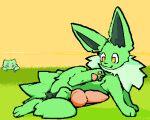  aliasing anus butt catjam_(artist) eeveelution feral fur genitals grass green_body green_fur gryf_(homolution) jolteon joltik kaun_(homolution) knot looking_at_genitalia looking_at_self male nintendo penis plant pok&eacute;mon pok&eacute;mon_(species) presenting presenting_hindquarters raised_leg smile video_games yellow_eyes yellow_sky 