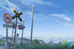  absurdres bicycle blue_sky bush cloud commentary_request day fence grass ground_vehicle highres japan no_humans no_trucks_sign original outdoors power_lines railroad_crossing road_sign rural satoshy scenery sign sky utility_pole 